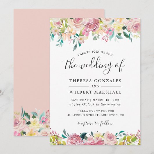 Faire-part de mariage botanique rose pastel (Devant / Derrière)