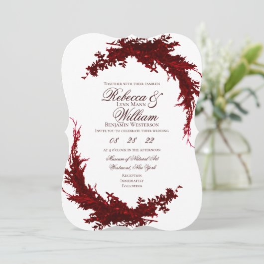 Faire-part de mariage botanique rouge foncé et bla (Debout devant)