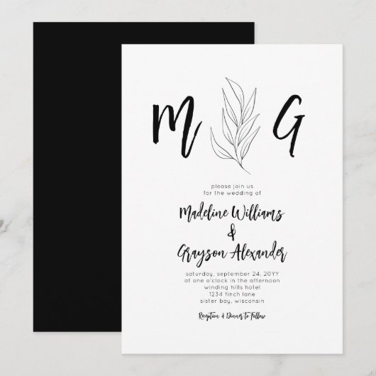 Faire-part de mariage botanique simple monogramme (Devant / Derrière)