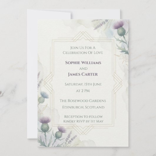 Faire-part de mariage botanique Thistle pourpre (Devant)