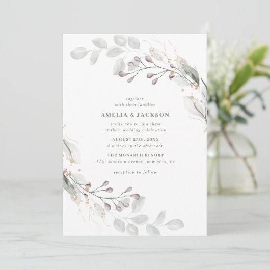 Faire-part de mariage botanique vert (Debout devant)