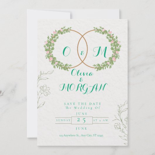 Faire-part de mariage botanique vert et blanc (Devant)