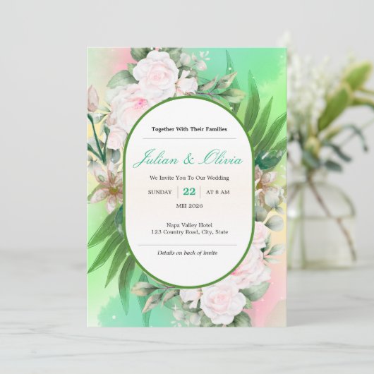 Faire-part de mariage botanique vert menthe et ros (Debout devant)