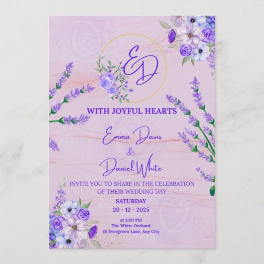Faire-part de mariage botanique violet élégant (Devant)