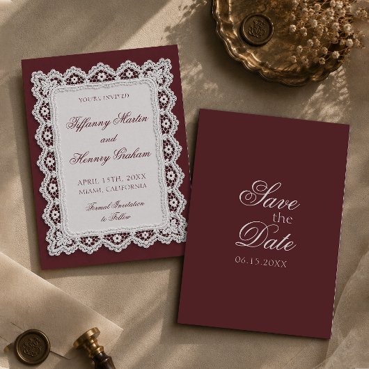 Faire-Part de Mariage Bourgogne Dentelle Argentée