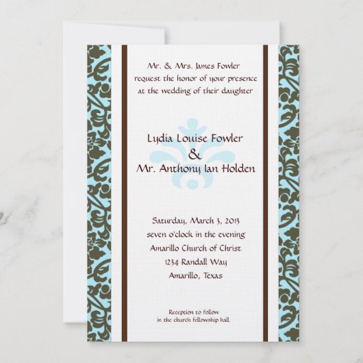 Faire-part de mariage Brocade Turquoise et Brown (Dos)