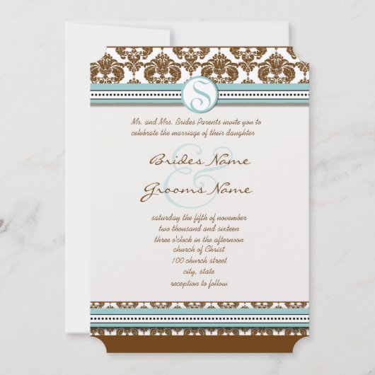 Faire-part de mariage Brown Damask Aqua Blue Trim (Devant)
