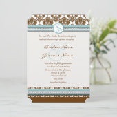 Faire-part de mariage Brown Damask Aqua Blue Trim (Debout devant)