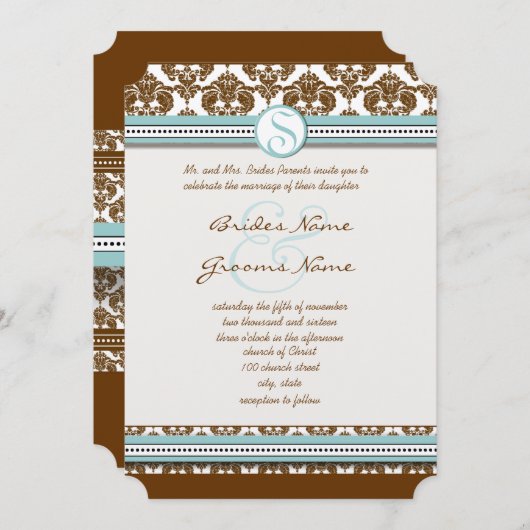 Faire-part de mariage Brown Damask Aqua Blue Trim (Devant / Derrière)