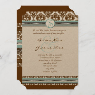 Faire-part de mariage Brown Damask Aqua Blue Trim