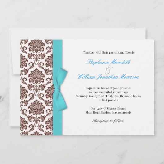 Faire-part de mariage Brown Damask Aqua Bow (Devant)