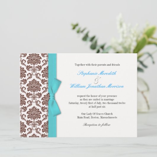 Faire-part de mariage Brown Damask Aqua Bow (Debout devant)