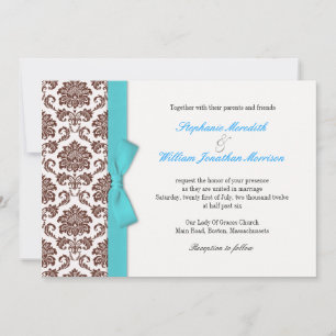 Faire-part de mariage Brown Damask Aqua Bow