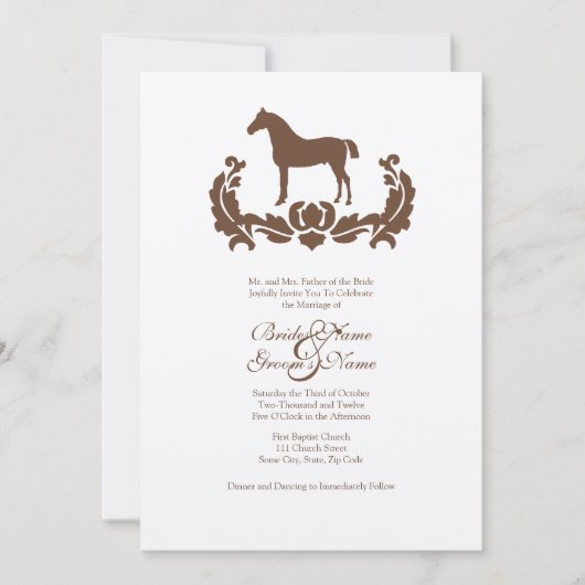 Faire-part de mariage Brown et blanc Damask Horse (Devant)
