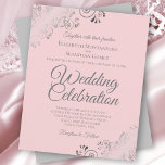 Faire-part de mariage BUDGÉTAIRE rose et gris<br><div class="desc">Ces invitations de mariage abordables et abordables sont le choix parfait pour la classe, le style et la beauté sur un budget. Le design présente du texte gris ou gris sur un arrière - plan rose pâle et blush, avec des boucles et des tourbillons dans les coins. La typographie comprend...</div>