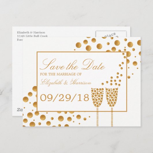 Faire-Part de Mariage Bulles de Champagne Doré (Devant / Derrière)