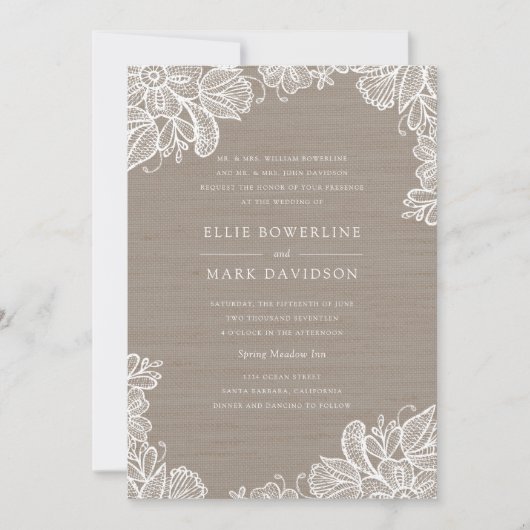Faire-part de mariage Burlap et dentelle (Devant)