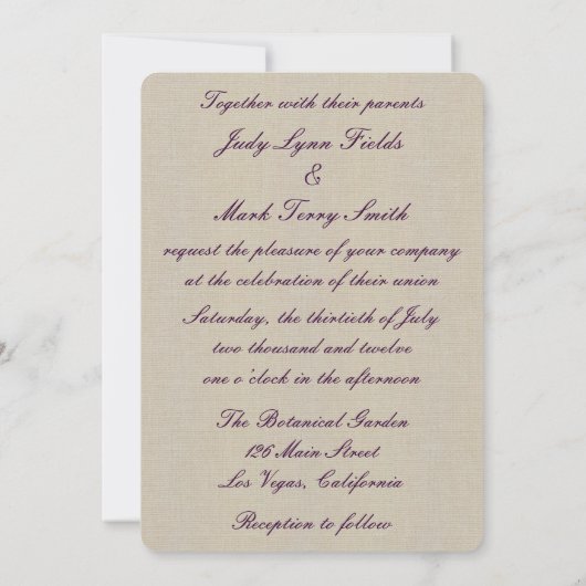 Faire-part de mariage Burlap Rustique violet Mason (Dos)