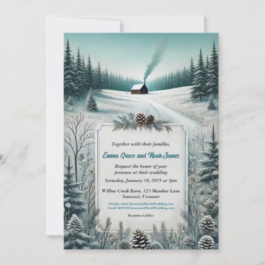 Faire-part de mariage Cabine d'hiver rustique (Devant)