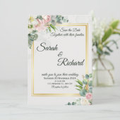 Faire-part de mariage cadre doré avec feuillage ro (Debout devant)