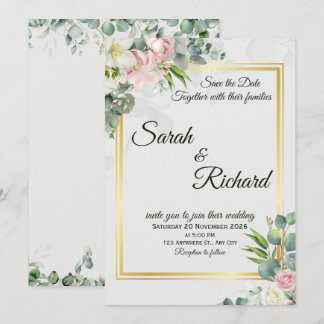 Faire-part de mariage cadre doré avec feuillage ro