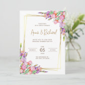 faire-part de mariage Cadre doré fleurs rose (Debout devant)