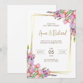 faire-part de mariage Cadre doré fleurs rose (Devant / Derrière)