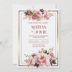 Faire-part de mariage cadre double doré Pivoine ro