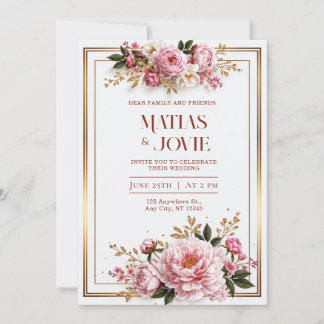 Faire-part de mariage cadre double doré Pivoine ro