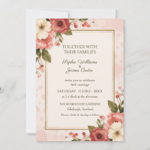 Faire-part de mariage cadre or coquelicot corail r
