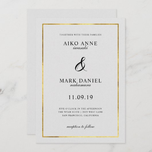 Faire-part de mariage cadre or solide (Devant / Derrière)