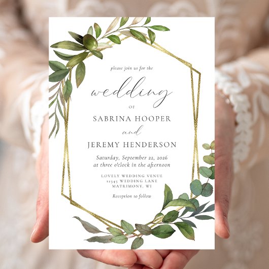 Faire-part de mariage cadre rustique eucalyptus or