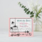 Faire-part de mariage Cage à oiseaux en damas rose (Debout devant)