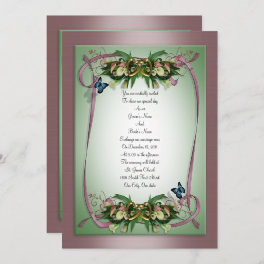 Faire-part de mariage calla lis papillons mauve, (Devant / Derrière)