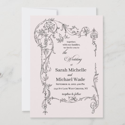 Faire-part de mariage calligraphié avec cadre flor (Devant)