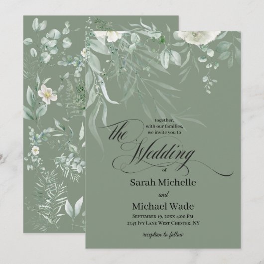 Faire-part de mariage calligraphié avec verdure pr (Devant / Derrière)