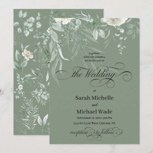 Faire-part de mariage calligraphie verdure de prin (Devant / Derrière)