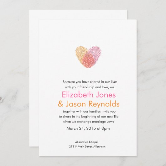 Faire-part de mariage cardiaque en empreintes digi (Devant / Derrière)