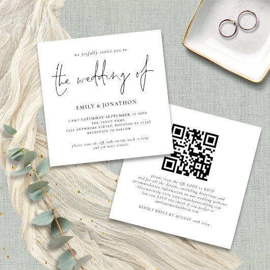 Faire-part de mariage carré avec code QR écriture 