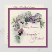 Faire-part de mariage carré de pensées pourpres (Devant / Derrière)