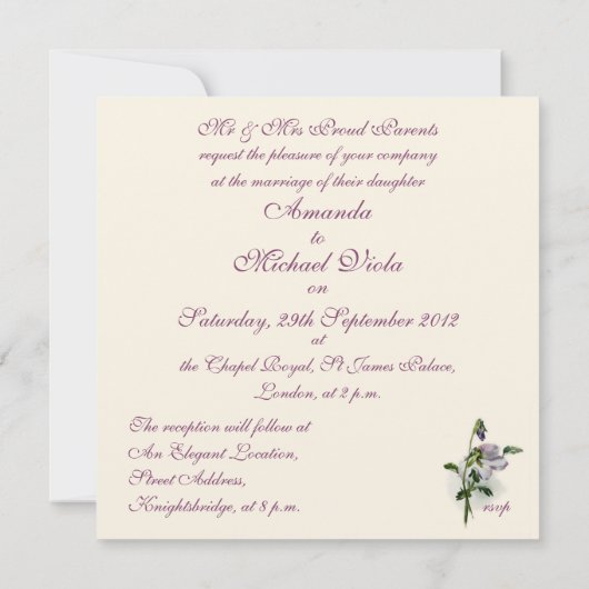 Faire-part de mariage carré de pensées pourpres (Dos)