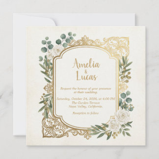 Faire-part de mariage carré Ivory Gold Greenery