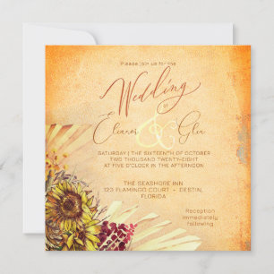 Faire-part de mariage carré rustique tournesol