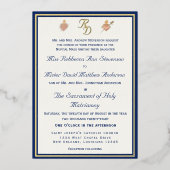 Faire-part de mariage catholique Bleu & Or Deux Cœ (Recto)