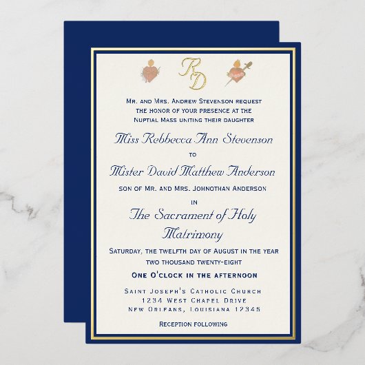 Faire-part de mariage catholique Bleu & Or Deux Cœ (Recto/Verso)