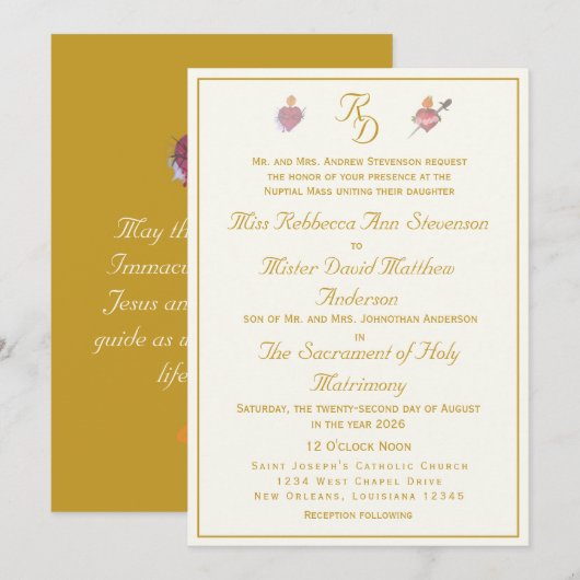 Faire-part de mariage catholique Crème/Ocre Deux C (Devant / Derrière)