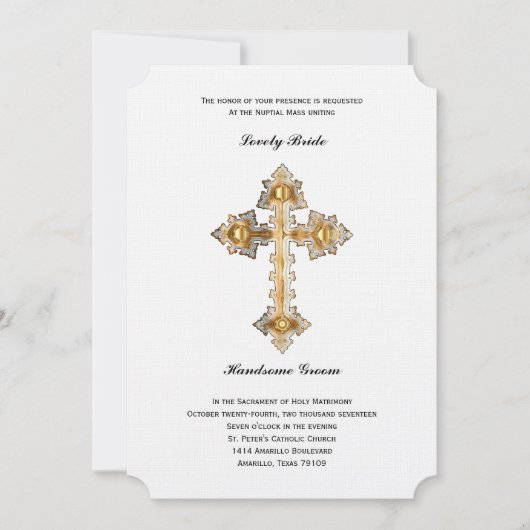 Faire-part de mariage catholique croisé d'or (Devant)
