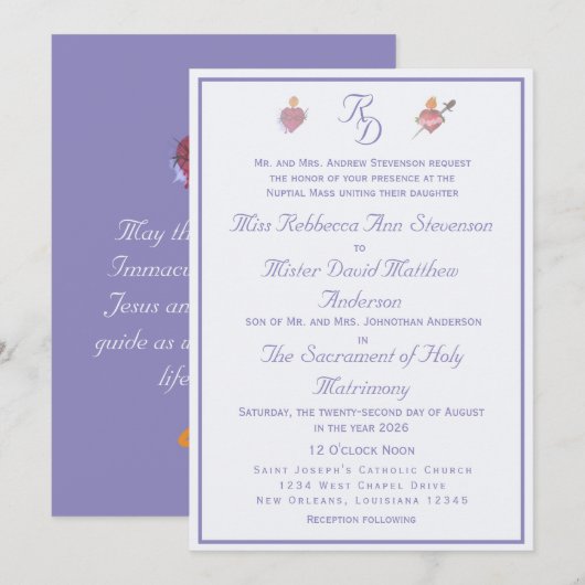 Faire-part de mariage catholique Pervenche Deux Cœ (Devant / Derrière)