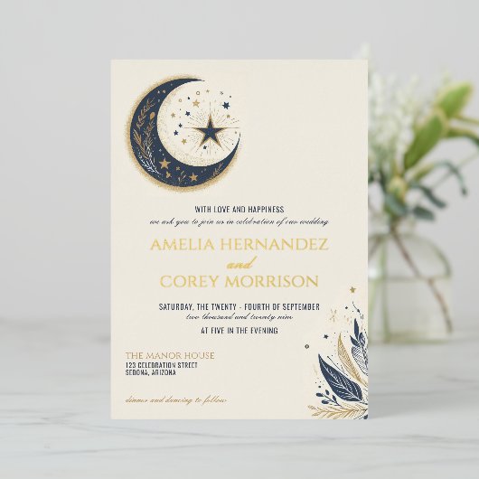 Faire-part de mariage céleste bleu et or (Debout devant)