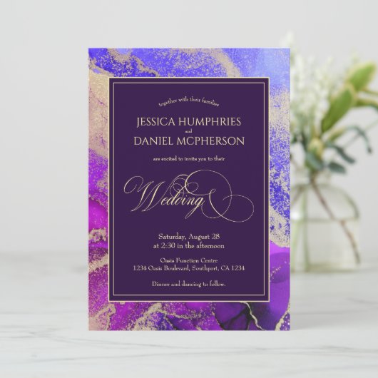 Faire-part de mariage céleste mauve dorée (Debout devant)